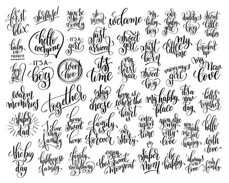 set of 50 hand written lettering about family and baby born