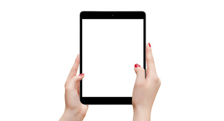 Black tablet in female hands isolated on white background