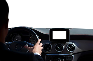 Driver with hands on steering wheel, isolated on white background with empty display on navigation device