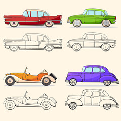 Collection with retro car in cartoon style. Color and black outline retro auto.  Classic car drawn set