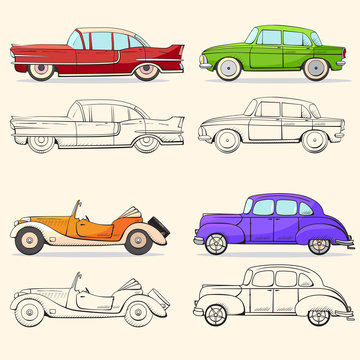 Collection with retro car in cartoon style. Color and black outline retro auto.  Classic car drawn set