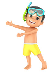 3d render of a kid wearing swimwear and goggles presenting something