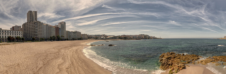 Panoramic view of Riazor beach in La Coruna, Spain