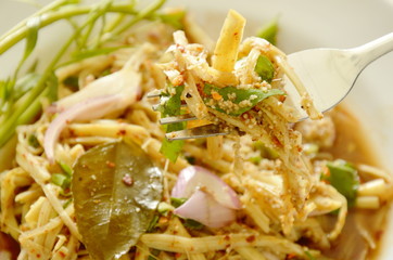 spicy slice bamboo shoot salad in Thai northeastern style scooping on fork