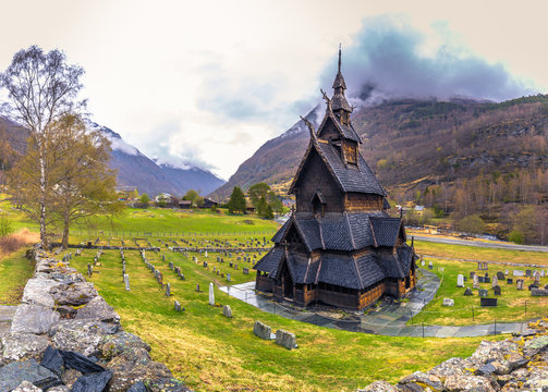 Borgund, Norway - May 14, 2017: The Stave Church of Borgund in Laerdal, Norway