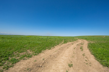 Green field, blue sky, village road