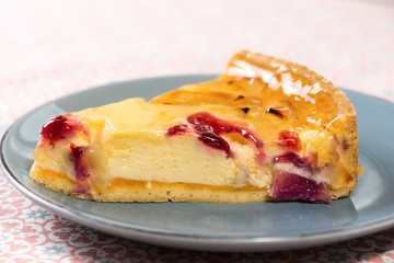 Vanilla Cream Tart Pie Slice with Peach, Pineapple and Cherry