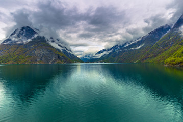 Sogn og Fjordane, Norway - May 14, 2017: Panorama of a fjord in Sogn og Fjordane county, Norway
