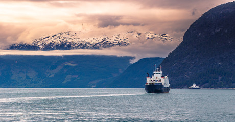 Sogn og Fjordane, Norway - May 14, 2017: Panorama of a fjord in Sogn og Fjordane fjord, Norway