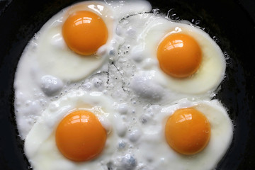 The window is reflected in the yolks of boiled eggs on a black background. Scrambled eggs with the window bindings reflected in it.