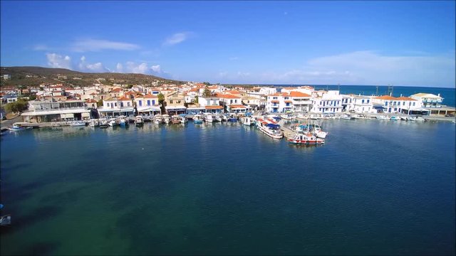 Drone flight over the main village on the island of Elafonisos in Greece