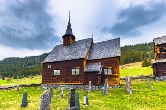 Lomen, Norway - May 13, 2017: Stave Church of Lomen, Norway