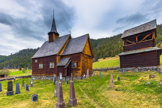 Lomen, Norway - May 13, 2017: Stave Church of Lomen, Norway
