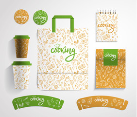 Home bakery identity design with food pattern, vector illustration.