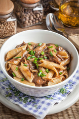 Pasta penne with pork sauce.