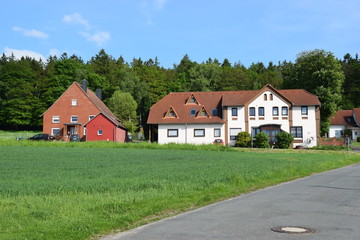 Fototapeta na wymiar Landhäuser am Waldrand in Reinsen