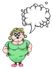 Cartoon image of annoyed woman. An artistic freehand picture. With speech bubble.