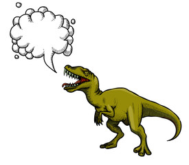 Cartoon image of dinosaur. An artistic freehand picture. With speech bubble.
