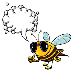 Cartoon image of bee wearing sunglasses. An artistic freehand picture. With speech bubble.