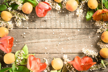 Spring flowers, apricots on wooden background. Copy space. Selective focus.