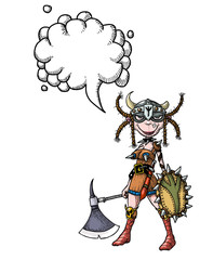 Cartoon image of female viking. An artistic freehand picture. With speech bubble.