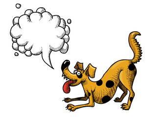 Cartoon image of happy dog. An artistic freehand picture. With speech bubble.