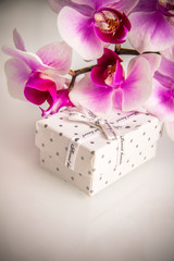 Gift box on a background of purple orchids 