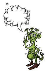Cartoon image of space alien. An artistic freehand picture. With speech bubble.
