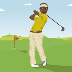 Obraz premium African american male golf player hitting the ball. Professional male golfer on golf course.