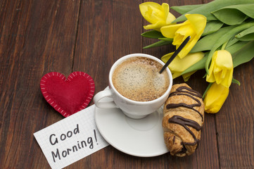 Cup of coffee, red heart and Good morning massage