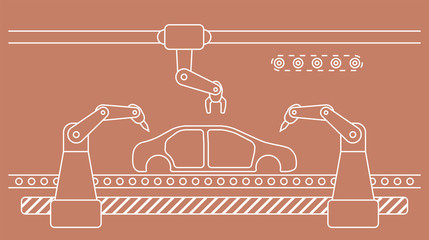 Thin line style car assembly line. Automatic auto production conveyor. Robotic car industry concept. Vector illustration.