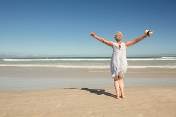 Rear view of woman standing on sand against clear sky