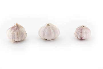 Three fresh Young bulbs of garlic neatly isolated on white background