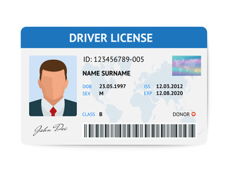 Flat man driver license plastic card template, id card vector illustration - obrazy, fototapety, plakaty