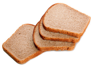 Four pieces of black rye bread square isolated on a white background