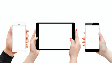 Man and female hands holding phones and tablet, isolated on white background