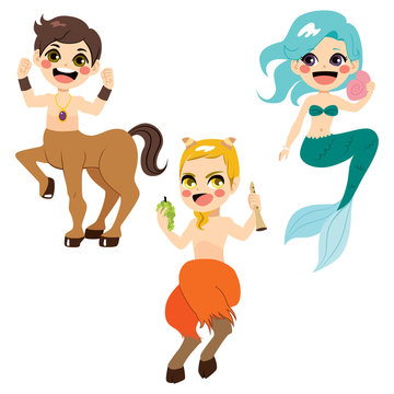 Cute legendary mythology character collection of strong centaur mermaid and faun with flute