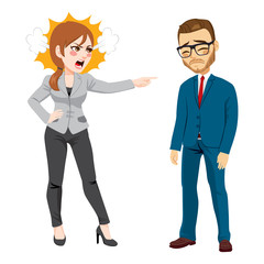 Fototapeta premium Angry businesswoman firing young sad businessman standing on white background