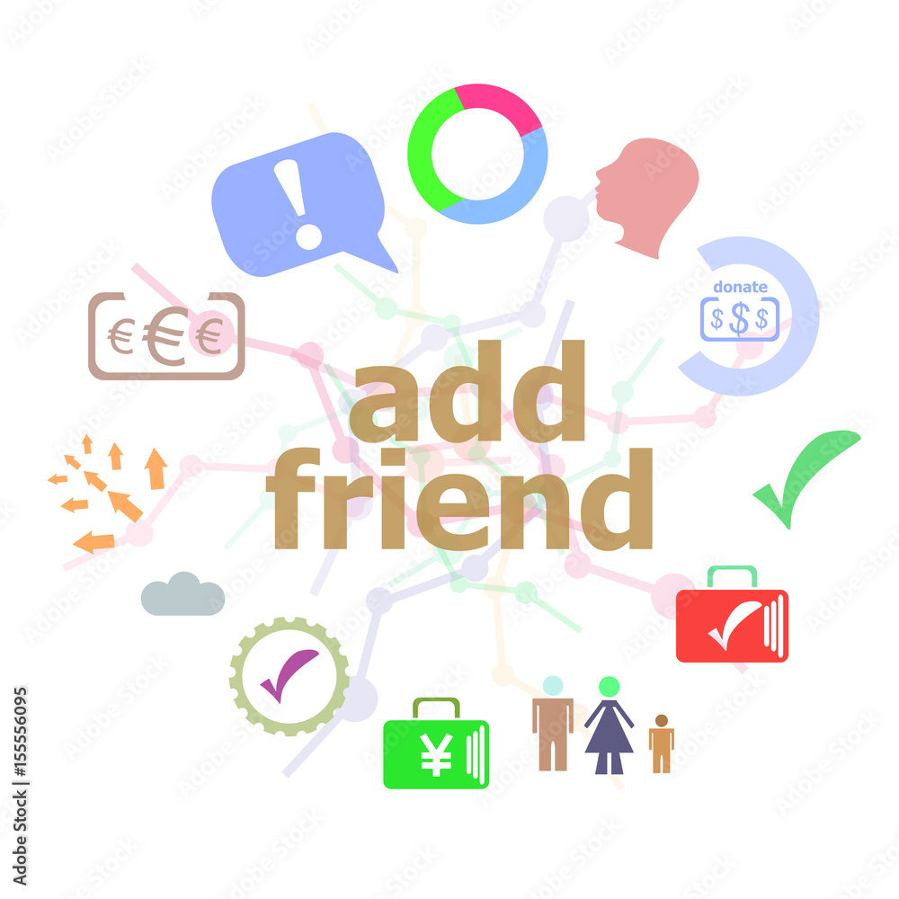 Poster text add friend. social concept . set of line icons and word typography on background. creative solu