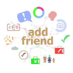Text add friend. Social concept . Set of line icons and word typography on background. Creative solution concept