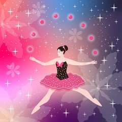 Beautiful fairy girl dances in the starry sky and flowers bloom from the dance.