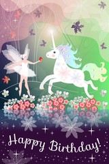 Happy Birthday. Beautiful greeting card with fairy girl and unicorn in magic forest.