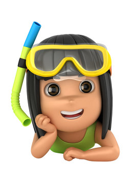 3d render of a kid wearing swimsuit and goggles lying on the floor