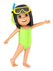 3d render of a kid wearing swimsuit and goggles presenting something