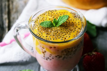 Top down view of Mango chia seed  smoothie