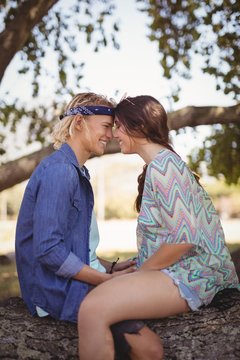 Side view of smiling romantic couple sitting on tree trunk