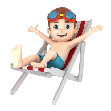 3d render of a kid wearing swimwear and goggles sitting on a parasol