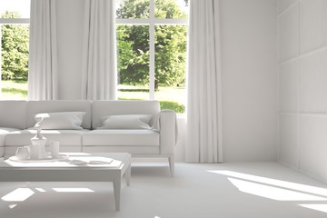 White room with sofa. Scandinavian interior design. 3D illustration