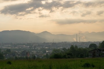 Sunrise and sunset over the hills and town. Slovakia