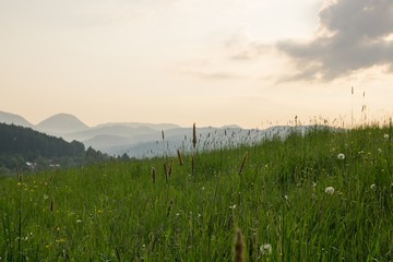 Sunrise and sunset over the hills and town. Slovakia